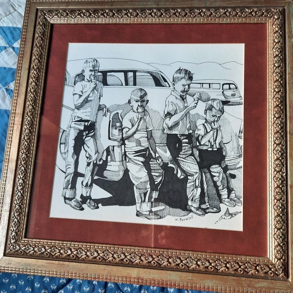 Original framed ink art from vtg photo "Ice Cream Boys" old car one of a…